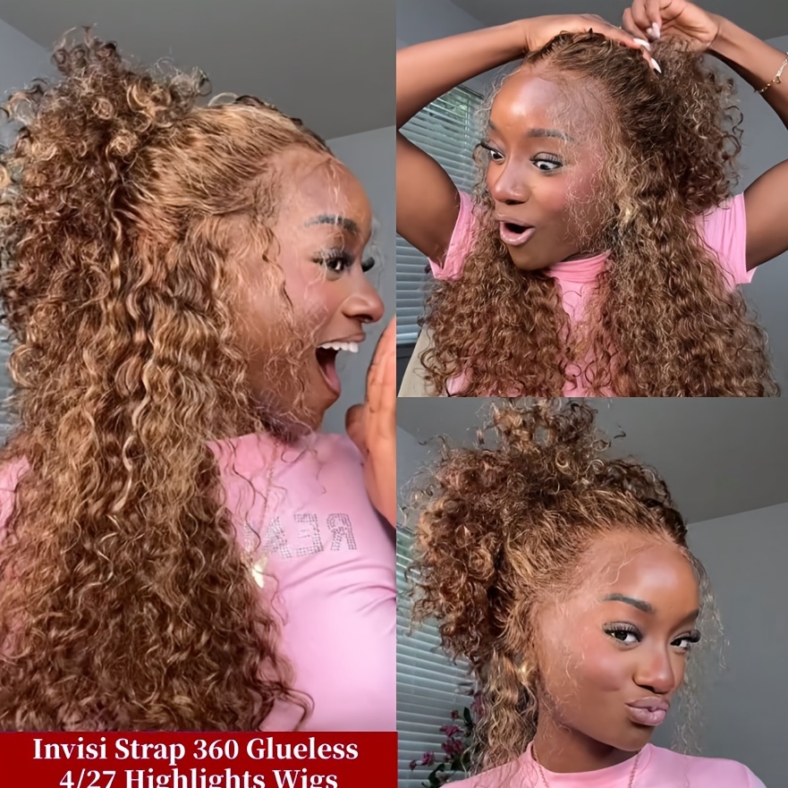 Smilegirl 4/27 Ombre 360 Lace Front Wigs Cabelo Humano Loiro Mel com Mechas Invisi Strap Cacheado Peruca Frontal de Renda 180 Densidade 360 HD Transparente Deep Wave Lace Frontal Wigs 13x6 13x4 Pré-Pluckada para Mulheres