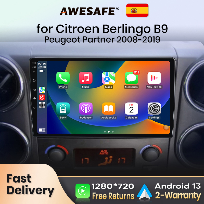AWESAFE-Autoradio PX9, Écran Carplay Sans Fil, Android, Stéréo, pour Voiture, Cristaux en Berlingo B9, KIT Partner 2008-2019