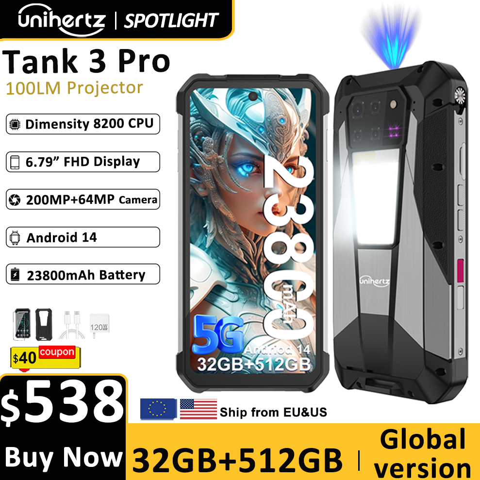 Unihertz Tank 3 Pro 8849 with 100 Lumens 120Hz Projector ,32GB/36GB RAM,512GB ROM,23800mAh 120W Fast Charger,5G,200MP Camera