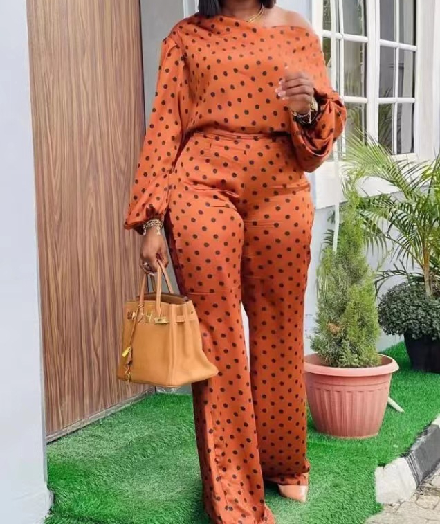 Set da due pezzi Completi da donna New Wave Dot Stampato a maniche lunghe Colletto obliquo Top e pantaloni larghi alla moda Abiti casual 2024 Primavera