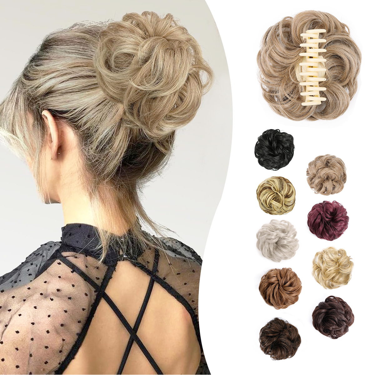 Roztrzepany, kręcony, falisty kok z włosami Klips w potarganych doczepach Updo Kręcone, faliste syntetyczne włosy kok Scrunchie Kawałek włosów