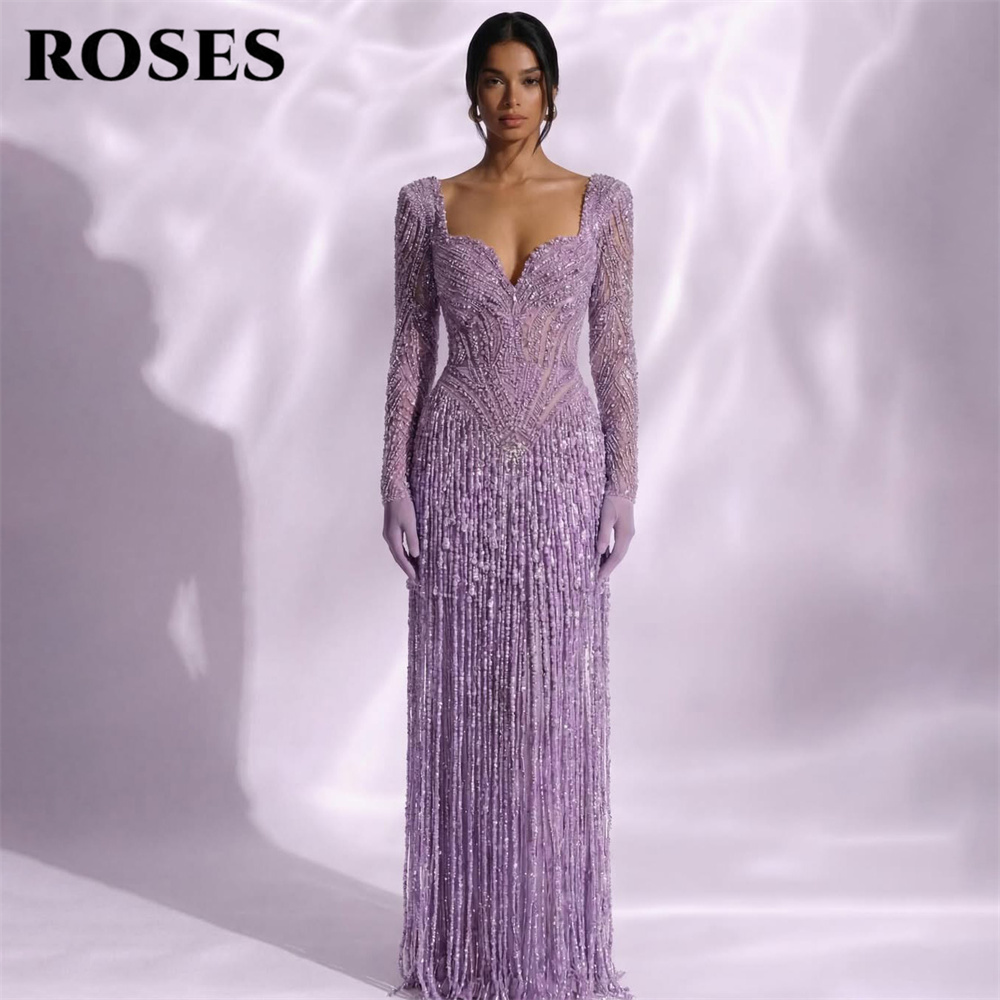 Вечернее платье ROSES Lilac Party с открытыми плечами и длинными рукавами, с блестками, пайетками и бахромой, для выпускного вечера, на заказ
