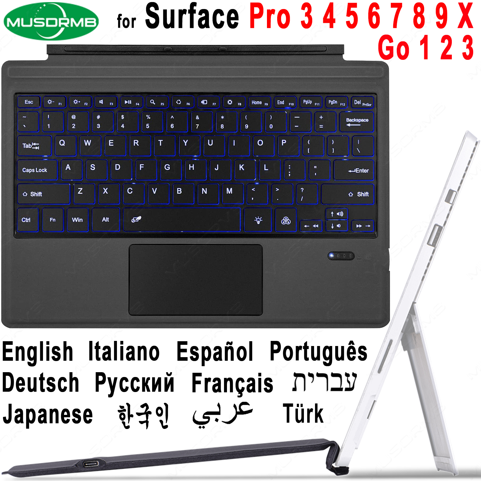 Backlit Keypad for Microsoft Surface Pro 3 4 5 6 7 8 9 X Go 1 2 3 Trackpad Wireless Magnetic Keyboard Arabic Ñ Korean AZERTY