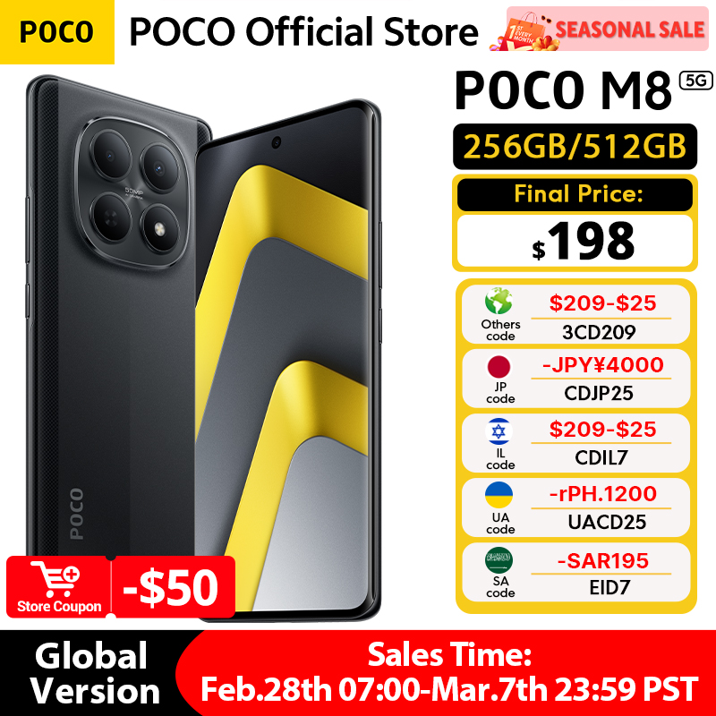 Global Version POCO M8 5G Smartphone 256GB 512GB Snapdragon® 6 Gen 3 6.77" 120Hz Display 50MP Camera NFC 5520mAh 45W