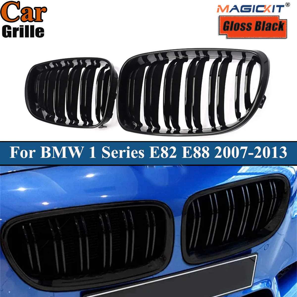 Parrillas delanteras de coche riñón para BMW serie 1 E81 E82 E87 E88 5DR 3DR rejillas de riñón negras brillantes doble listón 2007-2013