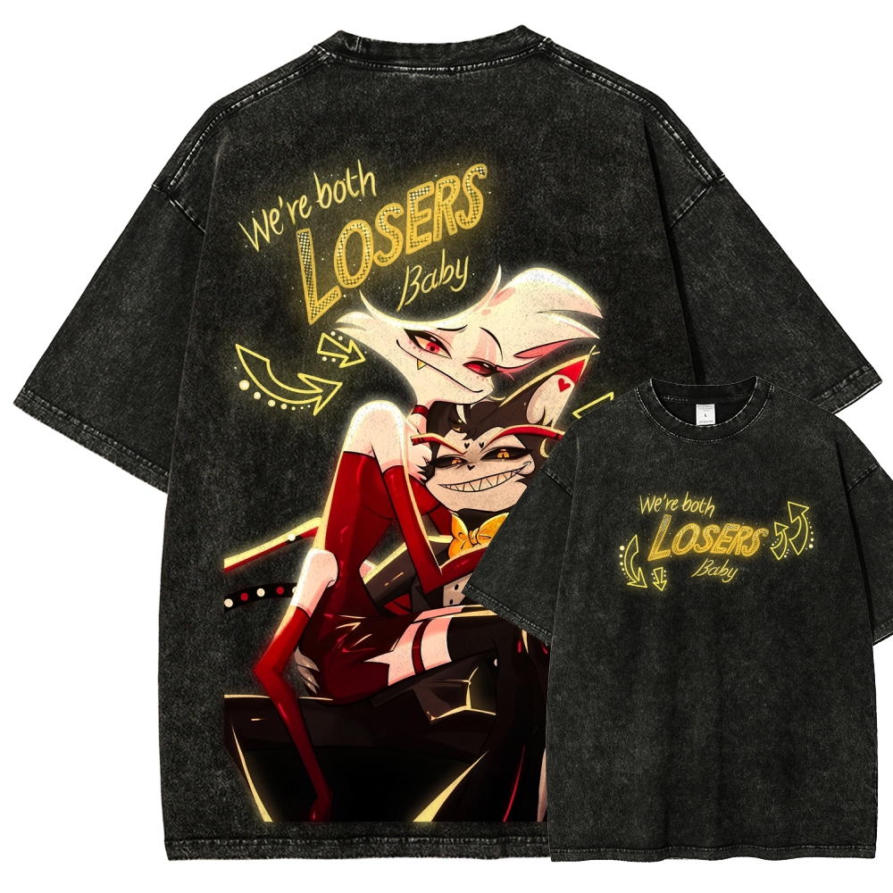 T-shirt oversize lavata vintage Hazbin Hotel Graphic Uomo Donna Cotone pesante Street Girocollo Manica corta Abbigliamento maschile femminile