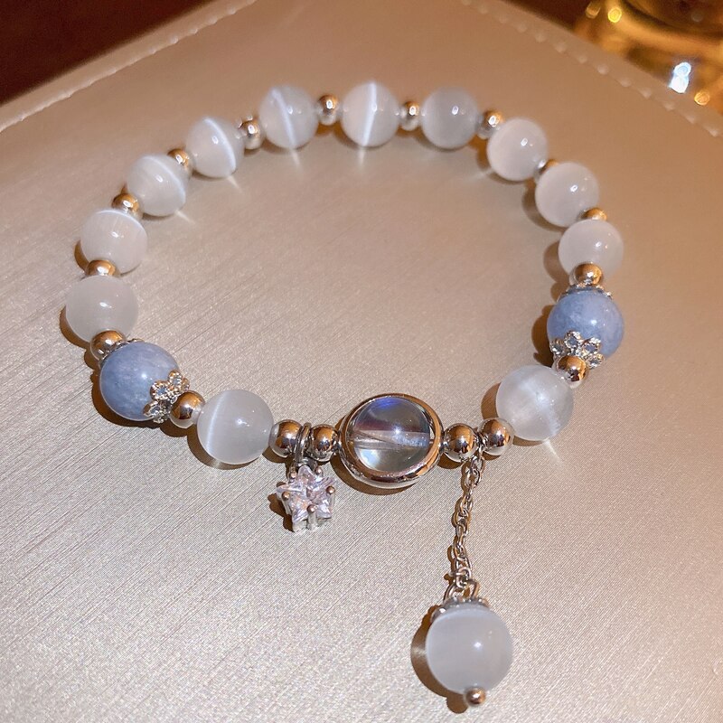 Bracciale in pietra opale di colore blu viola per donna, braccialetti in cristallo lucido, ciondolo a forma di stella lunare, braccialetti, gioielli da polso B