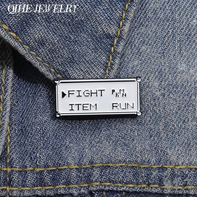 Fight PKMN Item Run Rectangular Text Enamel Pin Funny Anime Game Metal Brooches Backpack Lapel Badge Jewelry Gift for Friends
