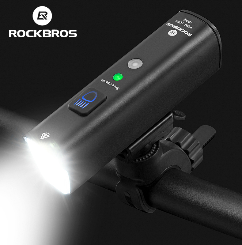 Rockbros Fiets Licht Fiets Licht Slimme Vibratie Detectie 1000Lumen 4000Mah 5 Modi Type-C Led Zaklamp Mtb Voorfietslamp