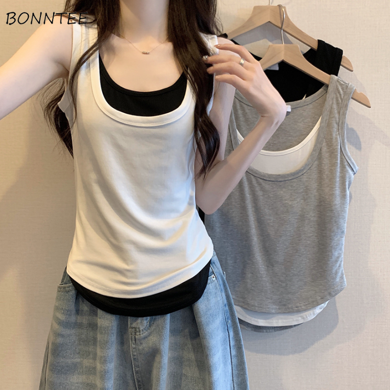 Tanques de moda para mujer, diseño Sexy, ocio, combina con todo, Simple, Hotsweet, Tops sin mangas para uso diario, dos piezas falsas, estilo coreano tierno y acogedor