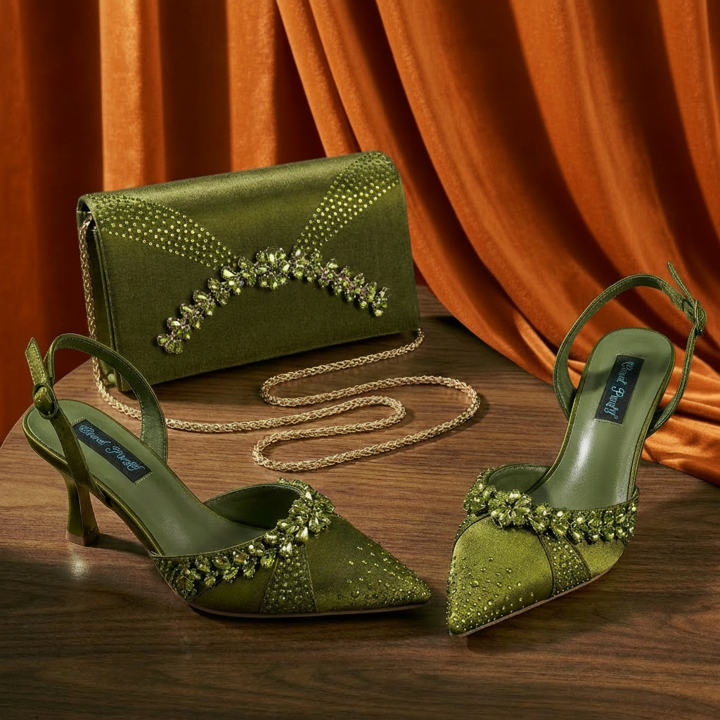 Set di Scarpe e Borsa Eleganti da Donna con Tacco Alto e Punta Affusolata, Ispirazione Italiana, Decorazioni in Strass, Realizzati a Mano, Collezione 2026