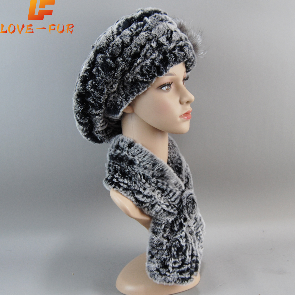 2025 New Winter women Warm Real Rex Rabbit Fur Hat With Natural Rex Rabbit Fur Scarf 2 Pieces Sets Fashion Headgear And Muffler