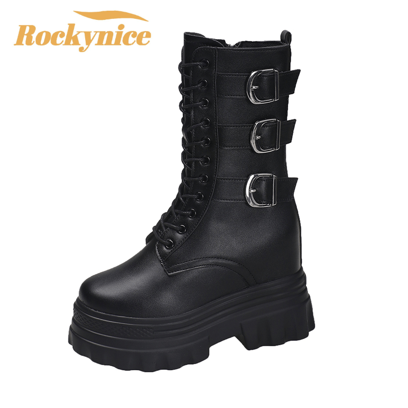 Bottes à lacets en cuir pour femme, plateforme haute 12 cm, style punk, collection automne 2026, bottes de moto épaisses tendance INS pour l'hiver, Botas Mujer