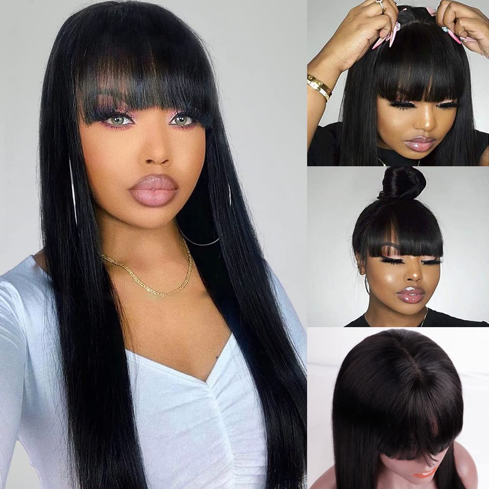 Parrucche diritte per capelli umani con frangia Parrucche fatte a macchina da 14-22 pollici per le donne Parrucche diritte per capelli brasiliani Colore naturale