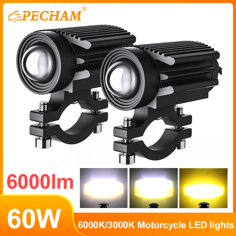 Luz auxiliar delantera todoterreno para motocicleta, 60W, 6000lm, 6000k/3000k, Mini luces Led de conducción superbrillantes