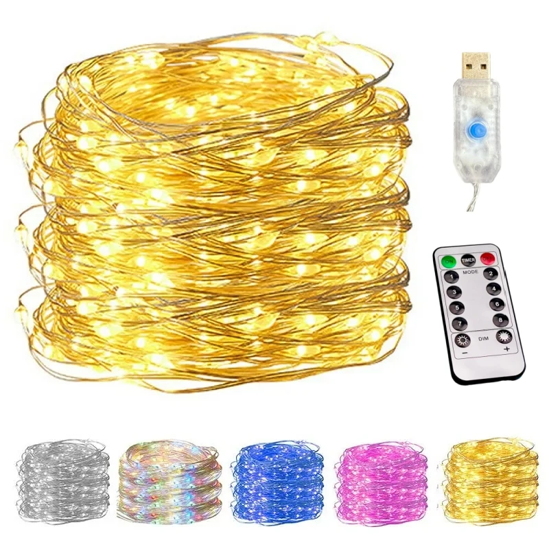 Guirnalda de luces de alambre de cobre 100/200LED, guirnaldas de luces USB con control remoto, 8 modos de luces, decoración navideña impermeable, Año Nuevo