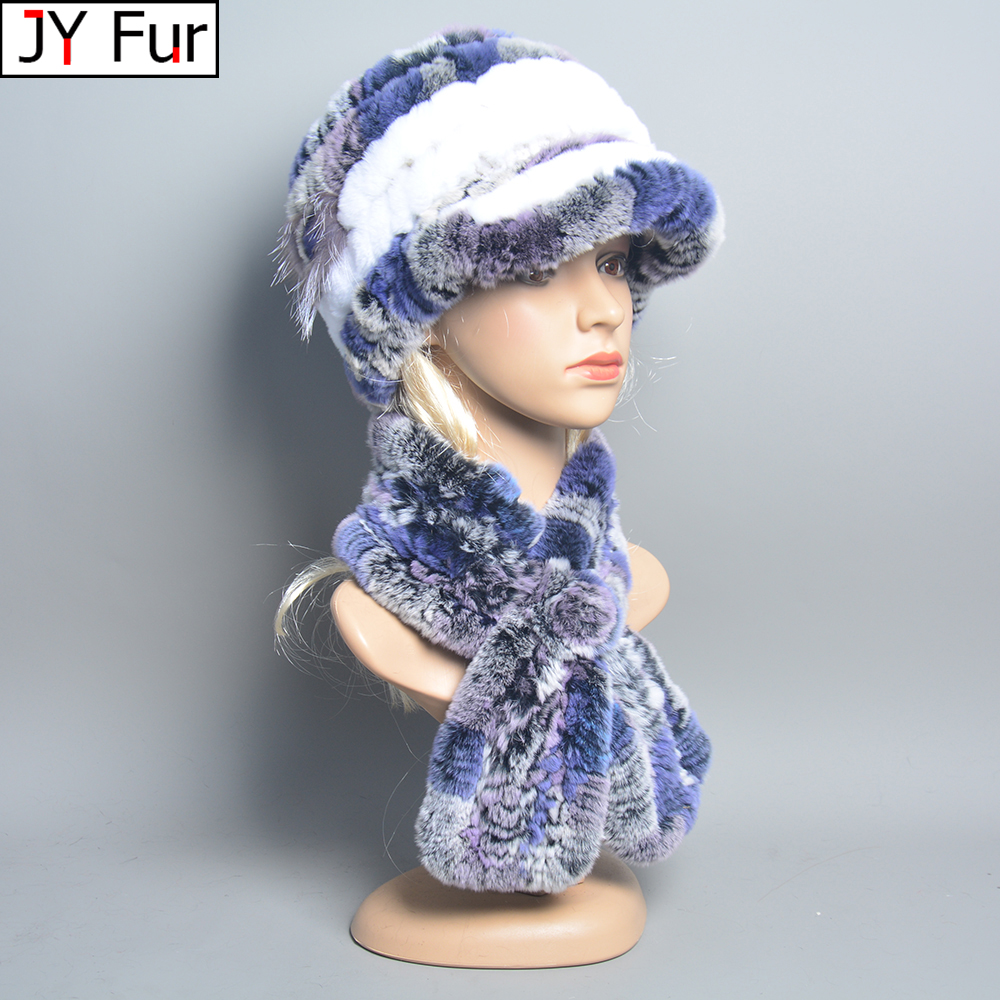 2025 Knitted Real Rex Rabbit Fur Hat Scarf Women Winter Rex Rabbit Fur Cap Scarves Sets Natural Warm Rex Rabbit Fur Muffler Hats