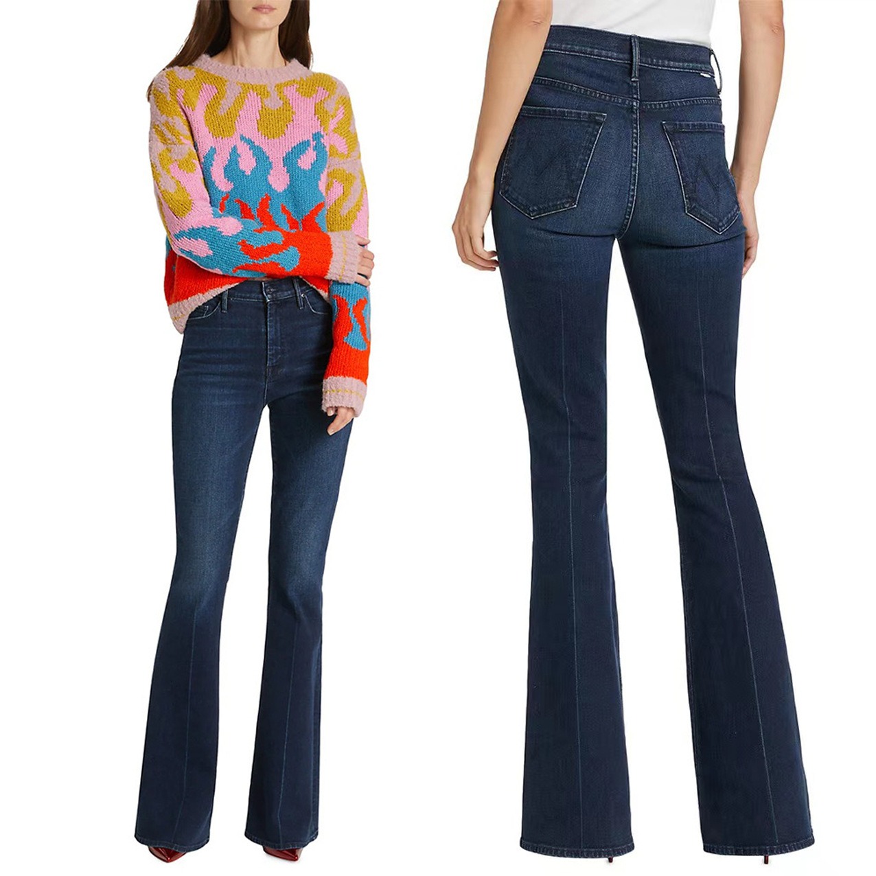 2024 primavera nueva cintura alta azul oscuro Midline Slim Fit acampanado Denim pantalones de mujer