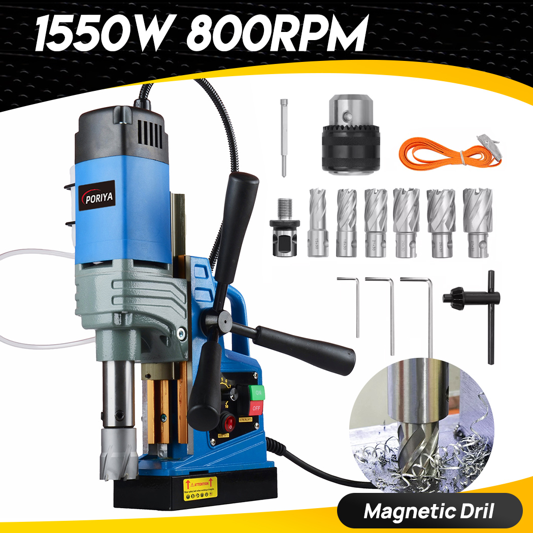 PORIYA Magnetbohrmaschine 1550 W 2922 lbf/13000 N Tragbare Mag-Bohrmaschine 500 U/min 6 Bits Blau
