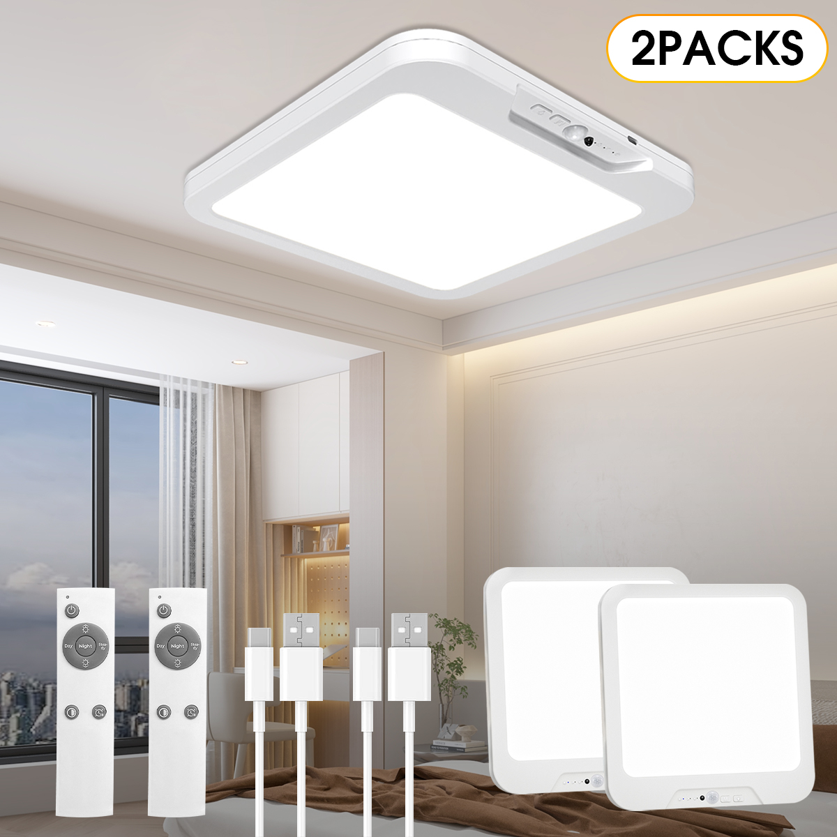 Oplaadbare bewegingsensor kastlamp met afstandsbediening, draadloze batterij-aangedreven plafondlamp met magnetische bevestiging voor binnen, douche