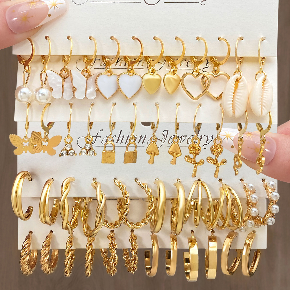 24-delige Europese en Amerikaanse Boho Grote Cirkel Hoop Earring Set voor Vrouwen Goud Kleur Vintage Parel Hart Zirkoon Sieraden