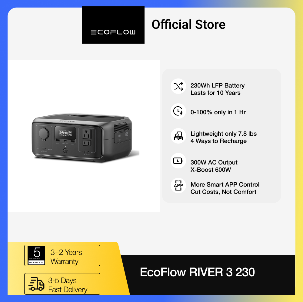 Carregador ECOFLOW 20W GaN-C com Estação de Energia Portátil RIVER 3 230, Bateria LiFePO4 de 230Wh, Saída AC de 300W até 600W
