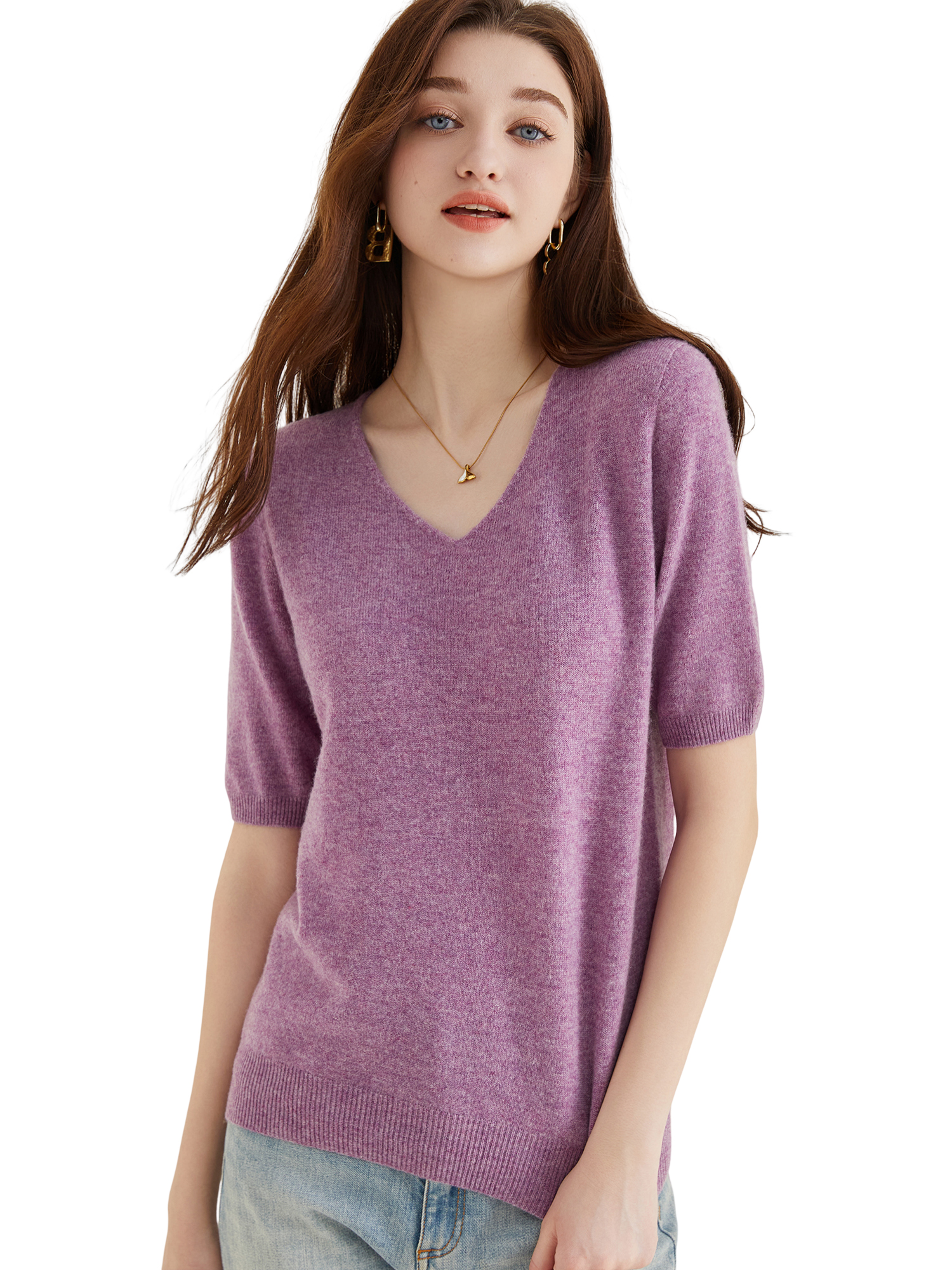 Maglione da donna Maglione in lana merino 100% per donna Pullover Top a maniche corte Primavera Estate Scollo a V Abbigliamento femminile lavorato a maglia morbida
