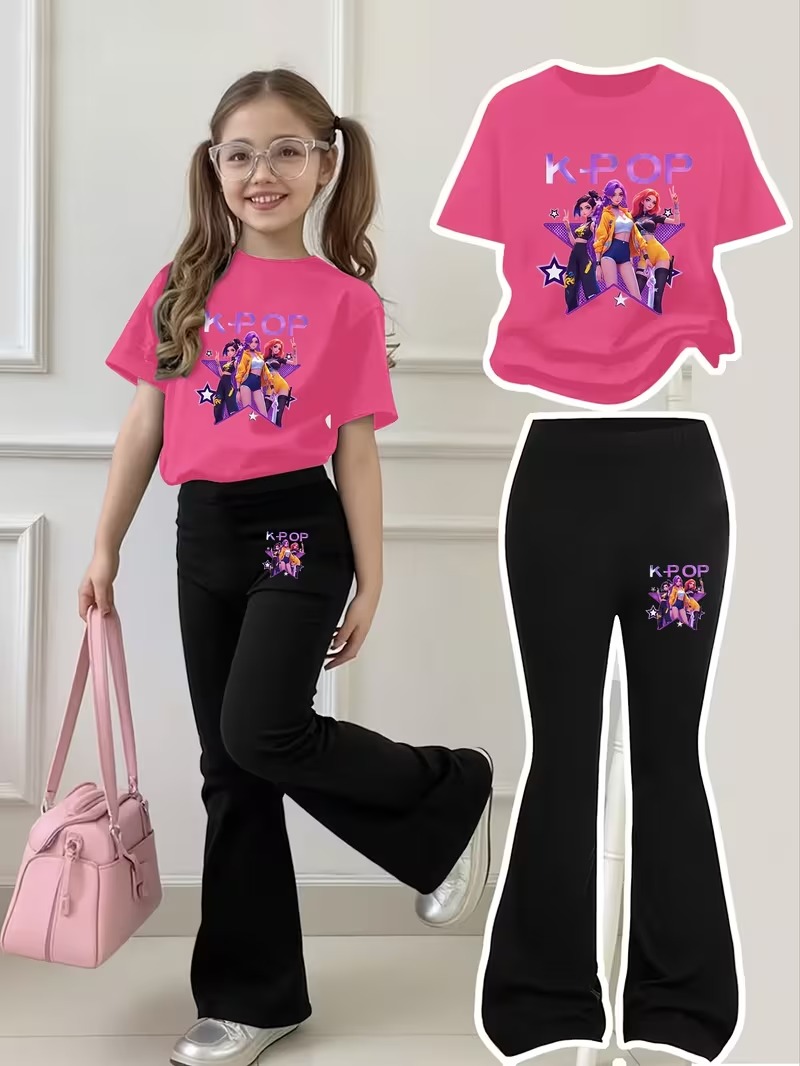 Dwuczęściowy zestaw dla dziewczynek z grafiką K-POP: koszulka z krótkim rękawem i spodnie typu flare, dziecięcy, casualowy strój streetwearowy.