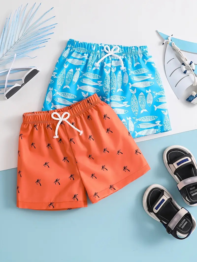 Pantalones cortos de natación para niños, pantalones cortos de playa con estampado de árbol, traje de baño de poliéster de secado rápido para niños, ropa de playa de verano para jóvenes de 5 a 14 años
