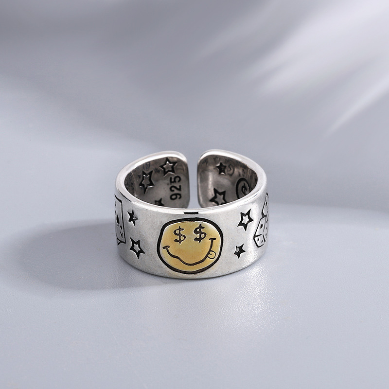บุคลิกภาพ Smile Face โป๊กเกอร์ลูกเต๋าออกแบบ Vintage เงินไทยสุภาพสตรีแหวนนิ้วมือเครื่องประดับสําหรับผู้หญิงของขวัญวันเกิดไม่มี
