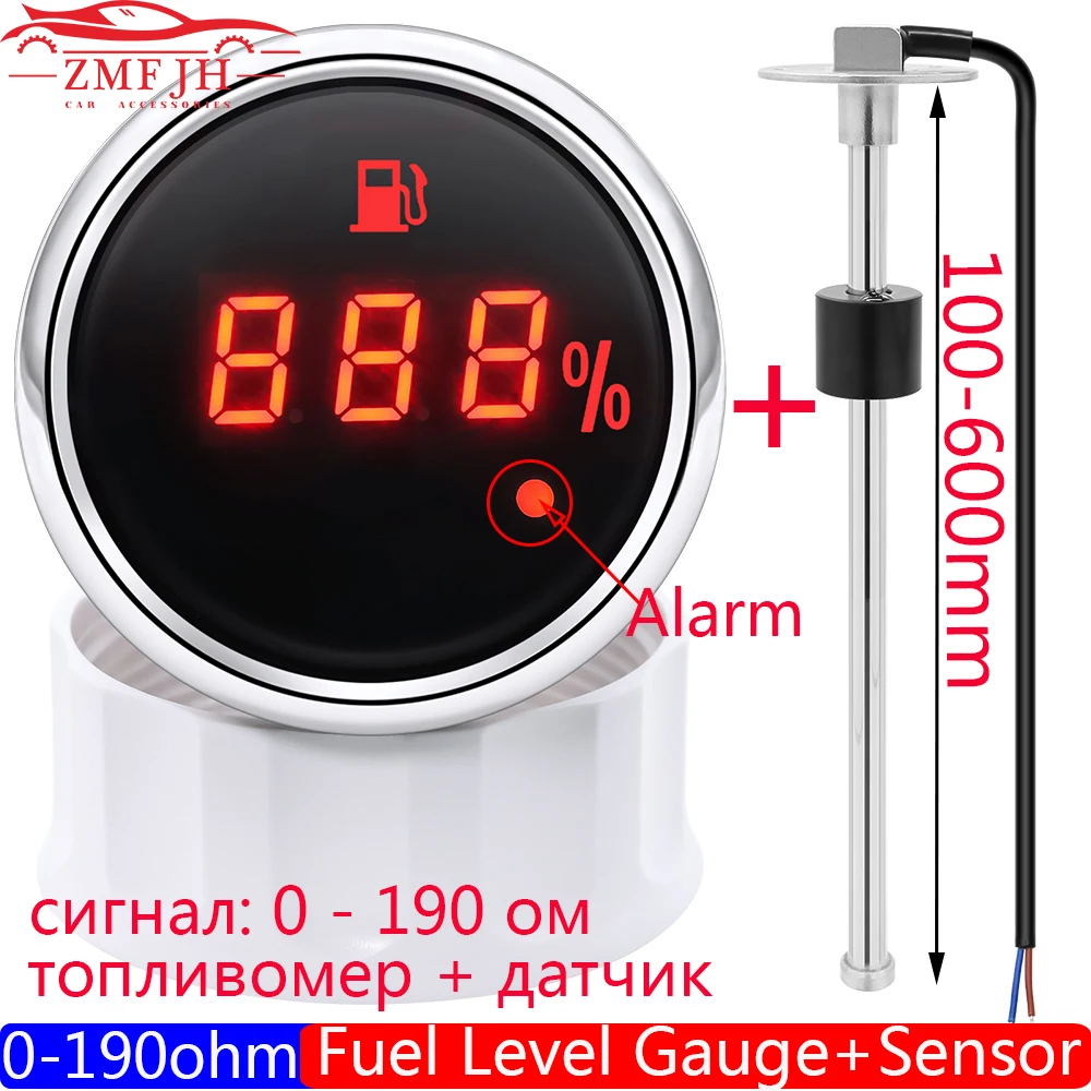 Auto Digital 52mm Fuel Level Gauge With Alarm Light 0-190 Ohm Oil Tank Indicator Meter Marine Fuel Level Sensor 100-600mm Zmfjh