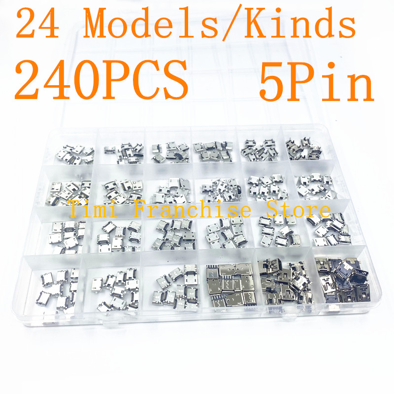 240 Uds caja 24 valores 24 modelos Kit Micro usb cable conector Jack de 5 pines juego de conectores Usb Kit para MP3 MP4 MP5