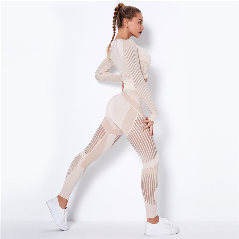 Ensemble de yoga sans couture ajouré pour femme, noir, 2 pièces : crop top, soutien-gorge et leggings, tenue de sport pour l'entraînement et la gym