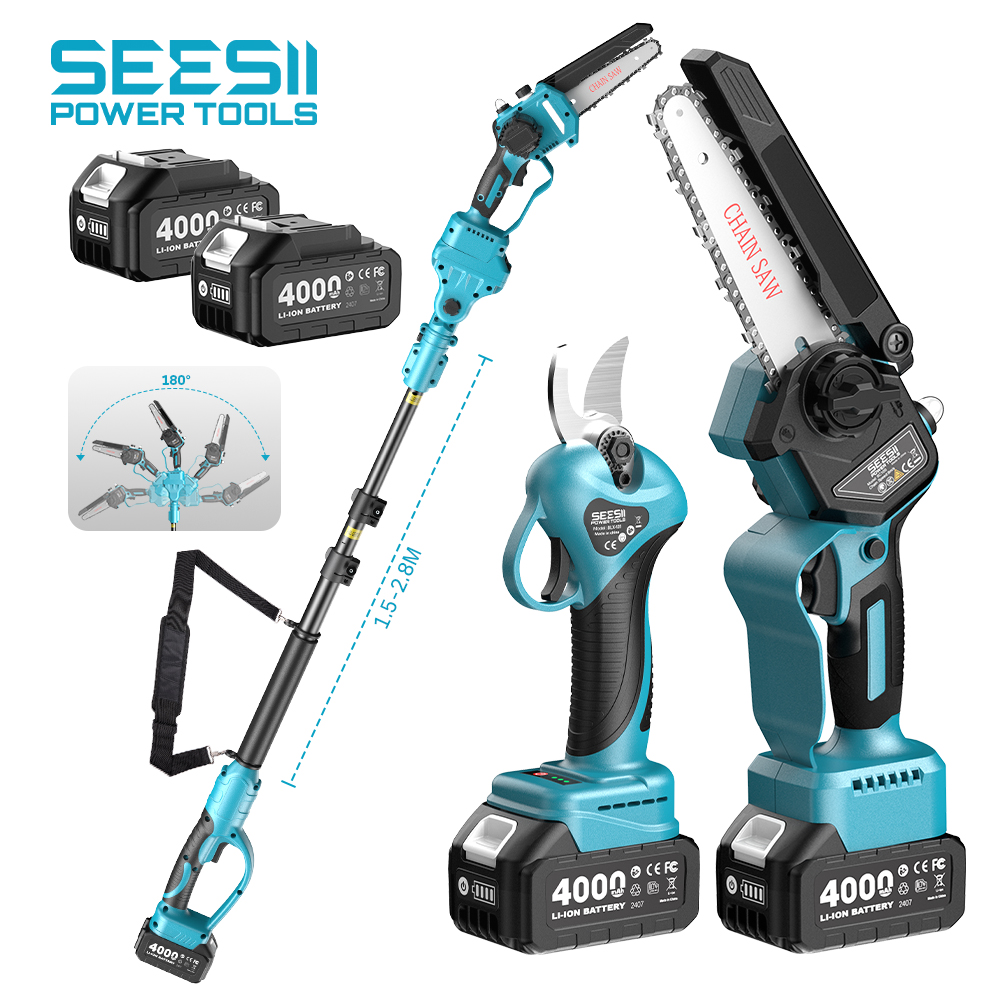 Seesii 3-in-1 borstelloze draadloze 30 mm elektrische schaar 6 '' borstelloze elektrische kettingzaag met 2,4 m verlenging telescopische staafgereedschap