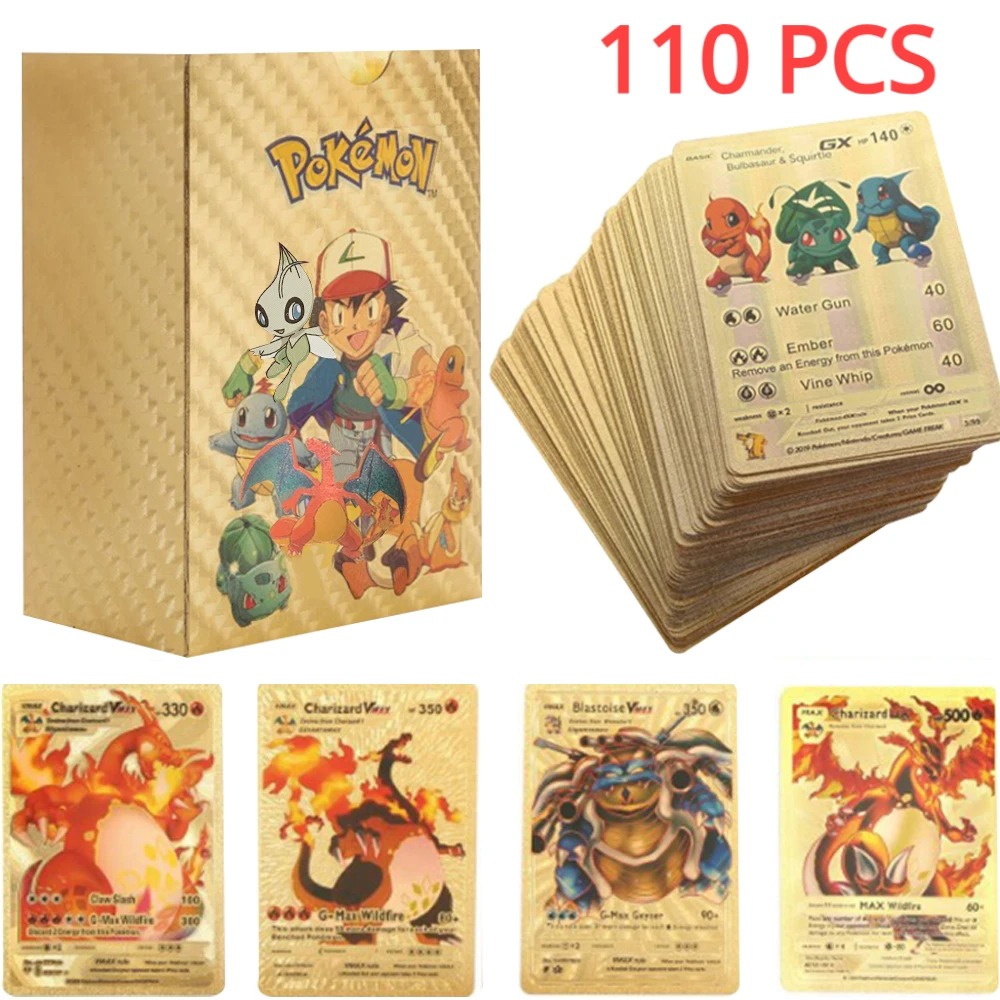 27-110pcs การ์ด Pokemon Pikachu ทองเงินสีดําที่มีสีสัน Vmax GX Vstar สเปนภาษาอังกฤษภาษาฝรั่งเศสคําเยอรมันคอลเลกชันการ์ดของเล่นของขวัญ