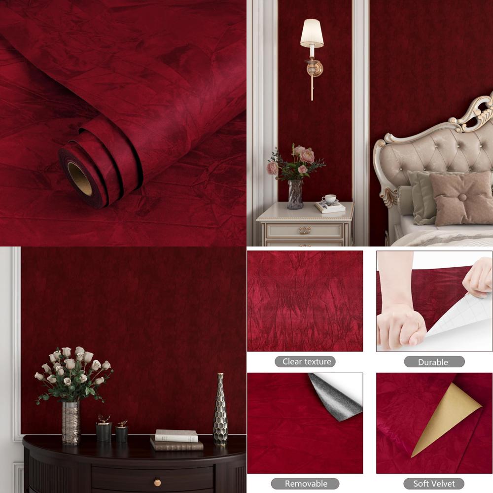 Vintage Velvet Self-Adhesive Wall Paper for Bedroom - Dark Red, Soft Fabric Texture, Easy Stick and Peel, Classic Style Wallpape