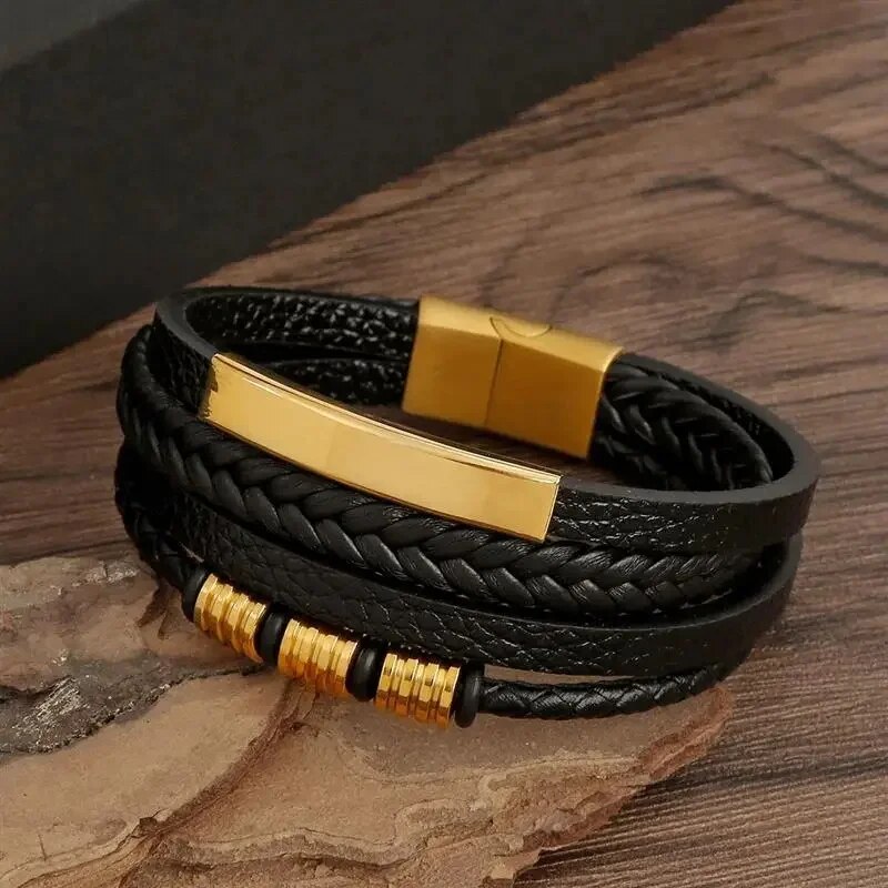 หลายชั้น PU หนัง Mens Magnut ปิดสร้อยข้อมือ Waved หนังทองสีโลหะหลอด Charm แฟชั่นบุรุษเครื่องประดับ Hiphop