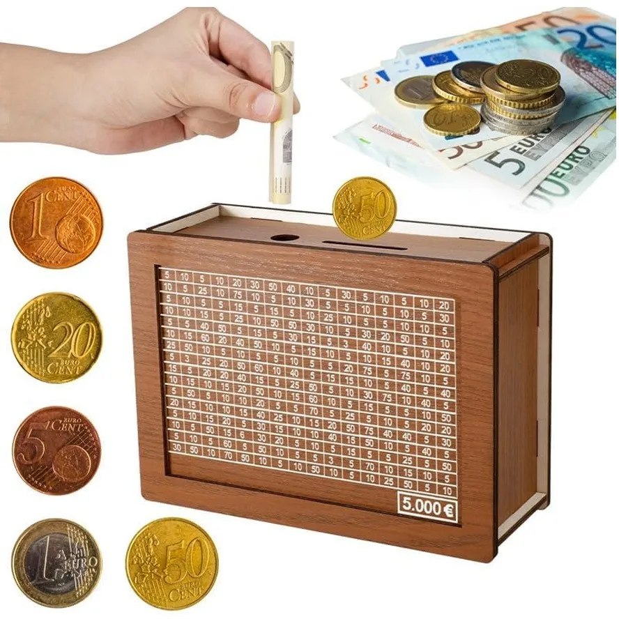 1000/2000/3000/5000/10000 Euro Money Box Drewniana skarbonka z wielokrotnego użytku skarbonka z celem oszczędzającym i pudełkami na numery1