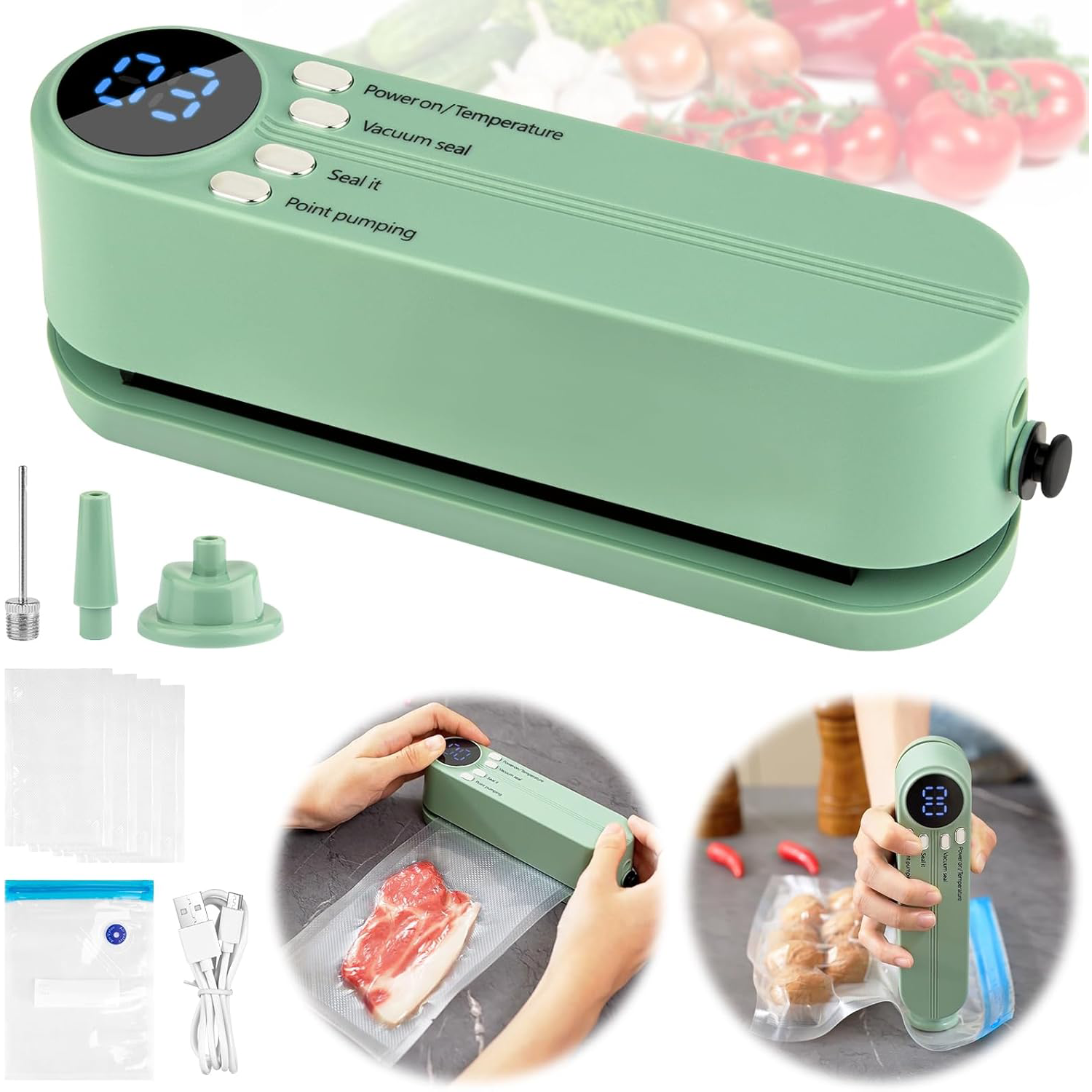 Mini sellador al vacío con USB, inalámbrico, portátil, recargable, conservación de alimentos secos/húmedos con bolsas y bomba para almacenamiento compacto