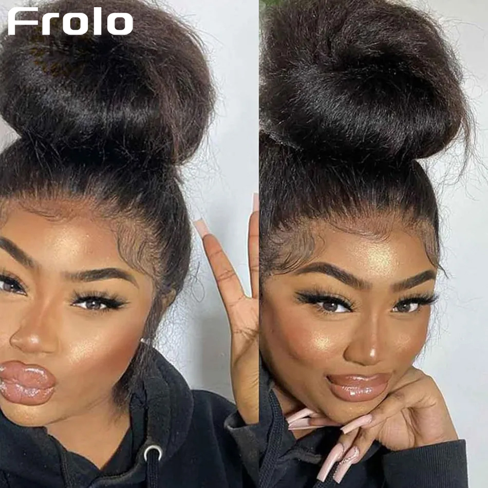 Pelucas frontales de encaje HD 360 Kinky Straight, cabello humano brasileño, densidad 220, negro, peluca completa de encaje 360 con cordón invisible para mujeres