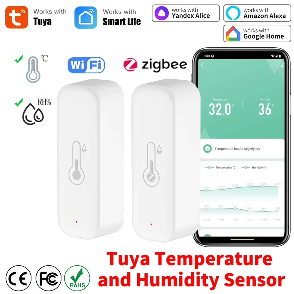 Tuya WiFi Zigbee 3.0 อุณหภูมิและความชื้นสมาร์ทเครื่องวัดอุณหภูมิเครื่องวัดความชื้น APP REMOTE ALARM ทํางานร่วมกับ Alexa Google Home