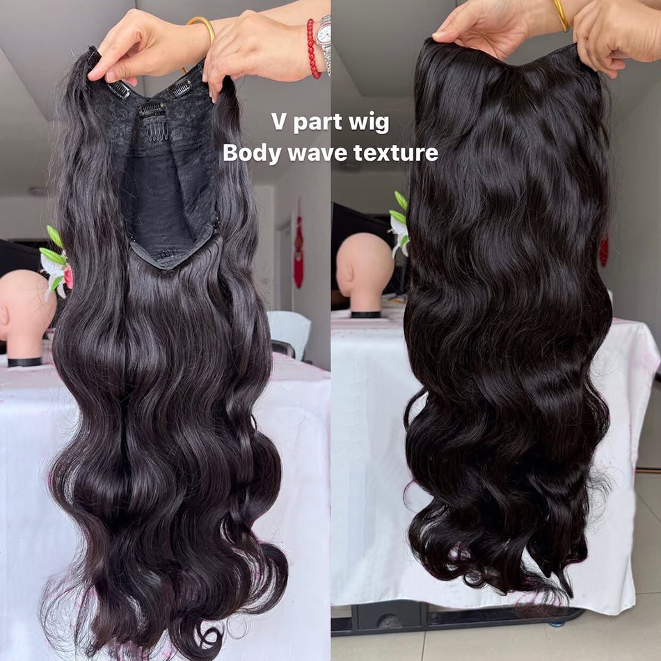 Smilegirl Peluca de Cabello Humano con Parte en V de 30, 36, 38, 40 Pulgadas, Ondas Corporales, Pelucas con Parte en U Mejoradas, Peluca de Cabello Humano sin Pegamento con Clip, Peluca de Media Cabeza en Forma de V, Color Negro Natural