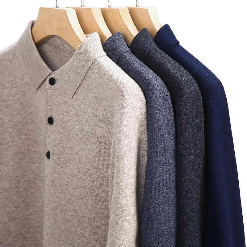 Suéter con cuello tipo Polo de mezcla de algodón y Cachemira para hombre, Tops informales de negocios para hombre maduro, Jersey de lana de punto 2024