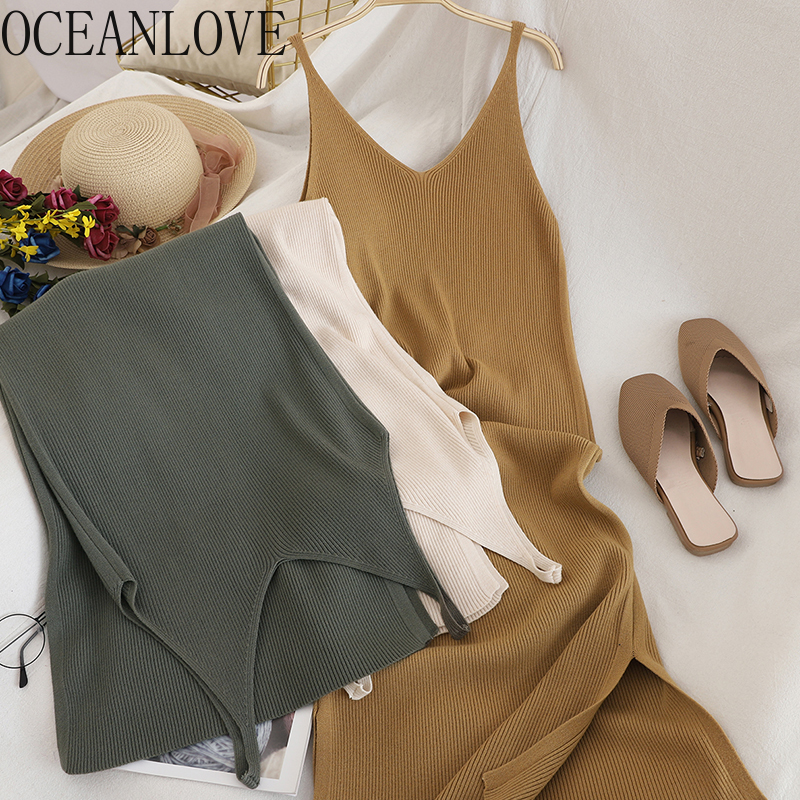 OCEANLOVE-Vestidos de punto lisos con cuello de pico, informales, fáciles de combinar, moda sencilla, vestido coreano para mujer, Vestidos elegantes, Ropa nueva 15517