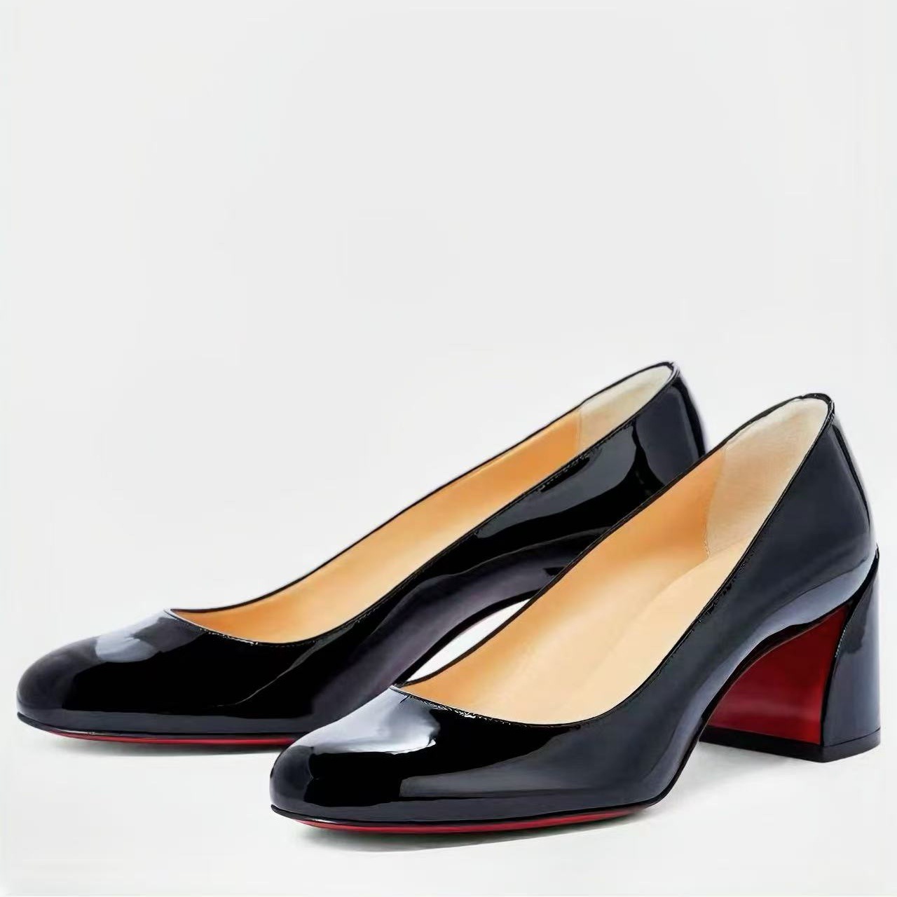 Ladies Patent Leather Pumps Round Toe Block Heel Women's Elegant Office Shoes Stylish Comfortable