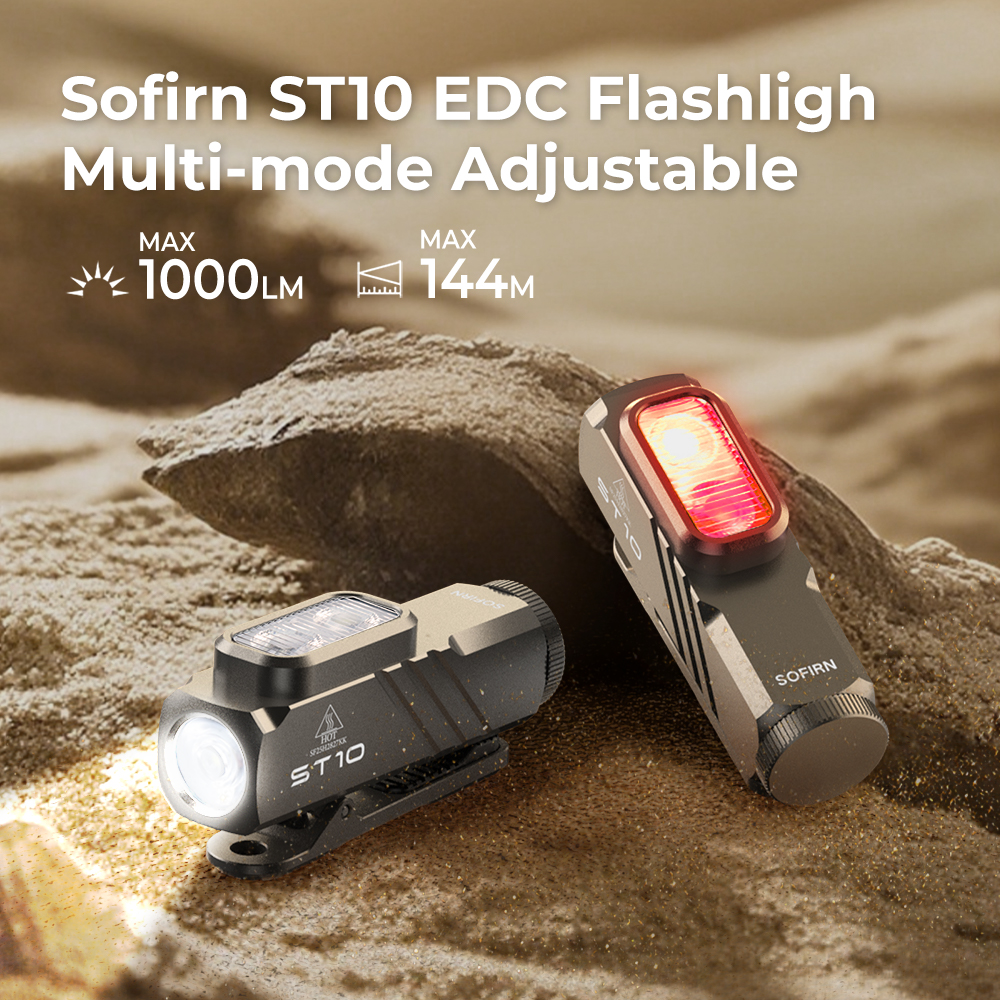 Senter EDC SOFIRN ST10 1000LM USB-C Dapat Diisi Ulang Baterai 14500 Tahan Air Lampu Merah Klip Ekor Magnetik untuk Berkemah Mendaki