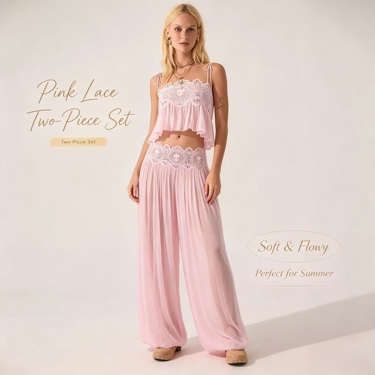Elegantes Spitzen-Damen-Langhosen-Set: Quadratischer Ausschnitt, transparenter Rüschen-Saum, bauchfreies Cami-Top, hochtaillierte weite Hose – Sommer-Chic-Anzug 2026