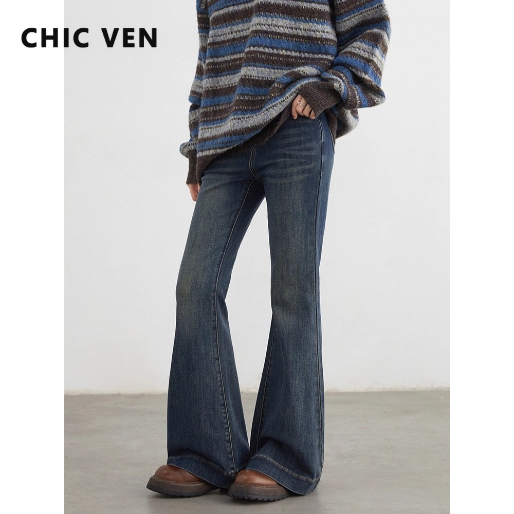 Celana Jeans Wanita CHIC VEN Model High Waisted Sedikit Melebar Slim Fit Denim Biru untuk Wanita Musim Gugur Musim Dingin 2025
