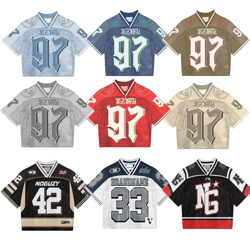 Camisa de futebol solta respirável, Streetwear vintage, blusa casual unisex de manga curta, camiseta de emenda elegante, camiseta americana, Y2K, novo