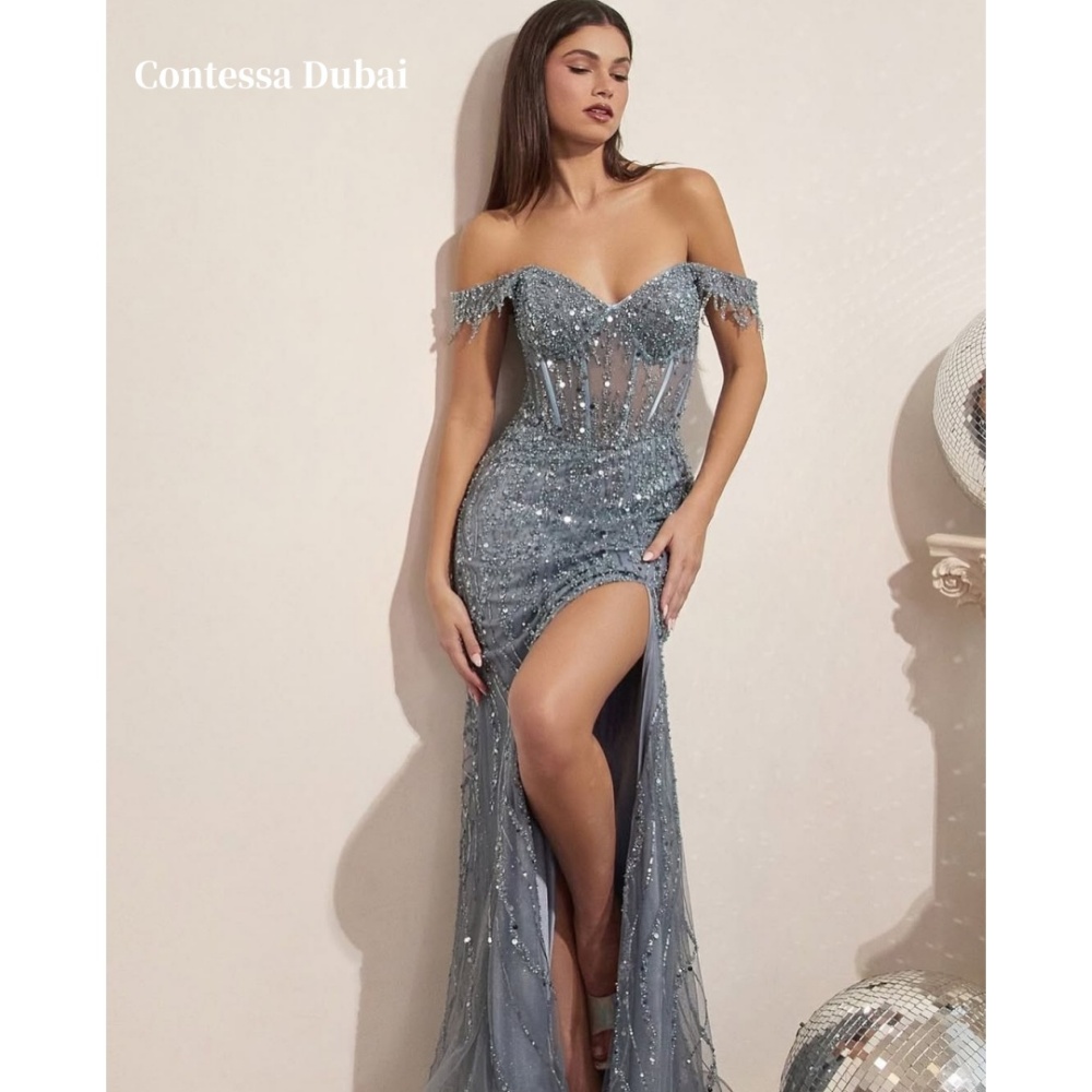 Contessa Dubai Paillettes Hors Épaule Côté Haute Split Robes De Bal Sirène Personnalisé فساتmaveraات Court Train Robe De Soirée 2025